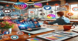 A modern workspace featuring a laptop displaying "Lead Media" on the screen sits on a table. The background is filled with social media icons, such as Twitter and Instagram, and phrases like "Digital Marketing" and "Generation," signifying a digital marketing environment focused on success through proven strategies.