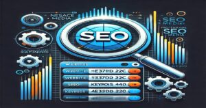 A graphic illustration focusing on SEO (search engine optimization). It features a large magnifying glass with "SEO" in the center, surrounded by gears, bar graphs, and data symbols representing website rankings, Professional SEO Services, and meta information. The design underscores the impact of SEO on business growth.