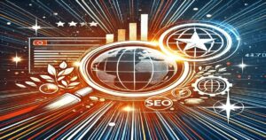 A dynamic illustration showcasing a globe at the center surrounded by various digital icons including a star, bar graph, Professional SEO Services symbol, and web page elements. The background features radiant, colorful streaks and sparkling stars, suggesting digital connectivity and business growth.