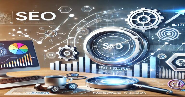 A modern workspace with a computer, coffee cup, magnifying glass, and various charts and graphs, surrounded by digital icons and gears. The term "SEO" is prominently displayed, illustrating concepts related to maximizing search engine optimization for business growth.