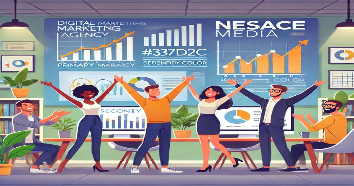 An animated office scene with six diverse professionals celebrating in front of large presentation screens displaying graphs, charts, and the text "Digital Marketing Agency" and "NESACE Media." The team members are smiling, raising their arms, and clapping in a shared moment of success.