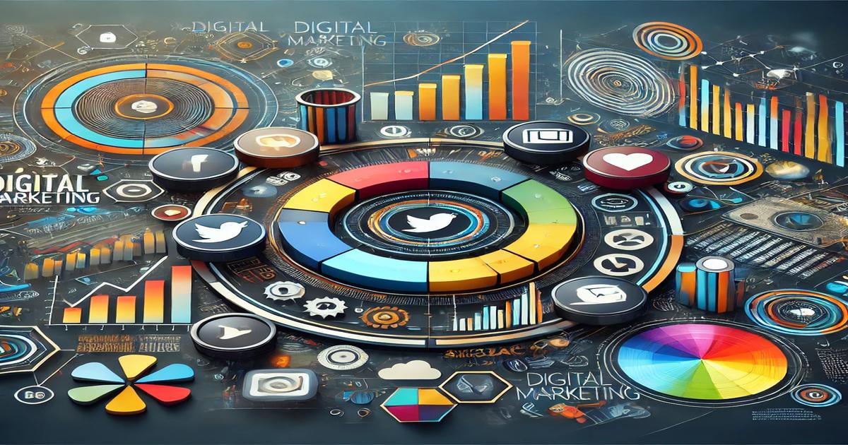 A colorful digital marketing concept image with charts, graphs, and social media icons. The central circular graph features icons of popular platforms like Twitter, Facebook, and Instagram surrounded by various analytics and marketing tools, embodying the essence of data-driven decision-making in the digital marketing industry.