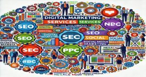 A colorful collage of various digital marketing-related icons and terms, highlighting 'SEO,' 'PPC,' 'Social Media Marketing,' and more. Prominent terms include 'Online Success' and 'Digital Marketing Services.' Various illustrated figures and logos are interspersed throughout, evoking the vibrant spirit of Hillsboro.