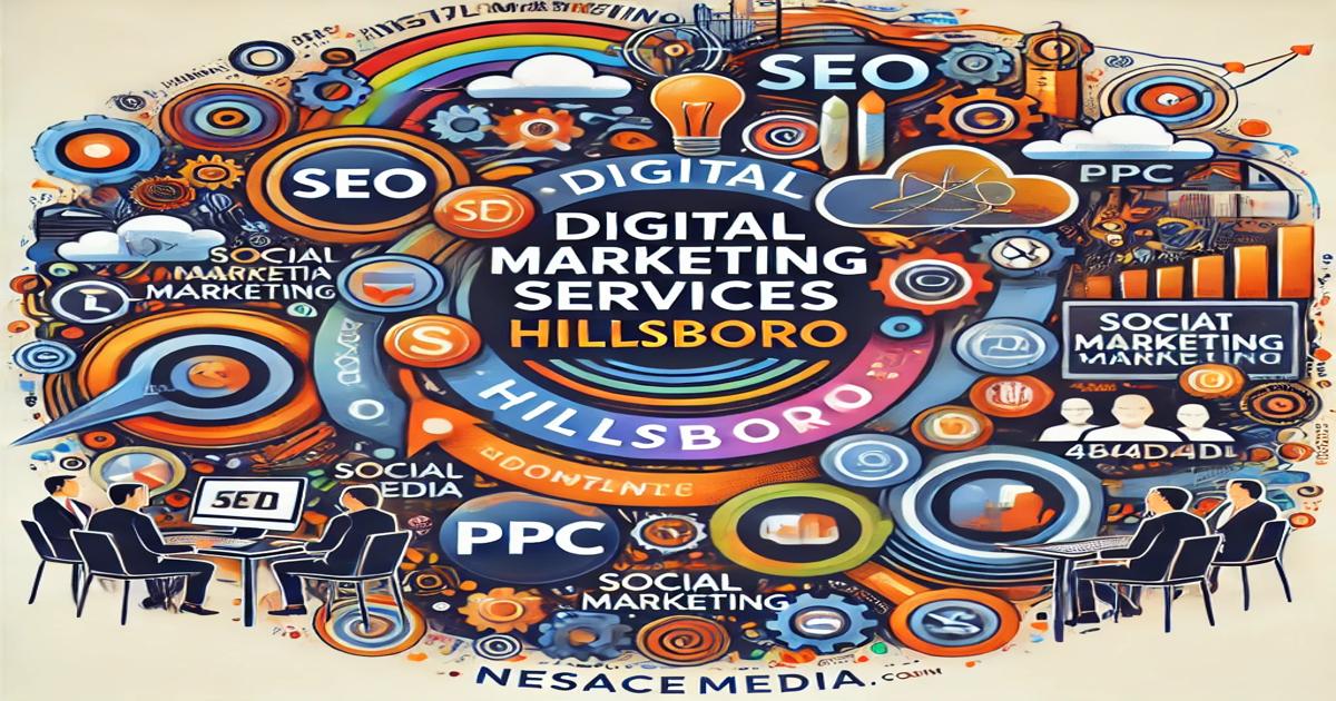 A vibrant graphic centered around "Digital Marketing Services Hillsboro," featuring a variety of interconnected icons and terms like SEO, PPC, and Social Marketing. Illustrations of business meetings, gears, computers, and social media symbols emphasize the path to Online Success.