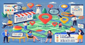 Colorful illustration showing various elements related to local business and SEO. Features people with laptops and phones, a "Google My Business" storefront, maps with location markers, vehicles, the Space Needle, and icons for local citations and reviews in Hillsboro. Highlighting digital marketing services for online success.