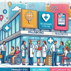 An illustration of a modern healthcare facility named "Hillsboro HealthCity". Doctors and nurses in white coats interact with patients and each other outside and inside the building. Healthcare icons like globes, heart monitors, and mobile devices highlight their cutting-edge social media marketing.