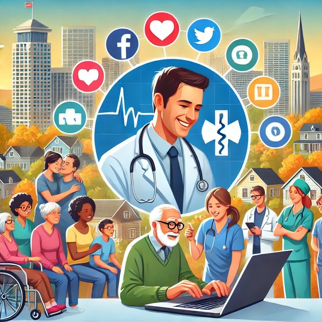 Illustration depicting a cheerful doctor in Hillsboro, surrounded by various social media icons and medical symbols. Below, a diverse community engages in activities, with healthcare professionals interacting with patients, implying a connection between digital health and community care through social media marketing.