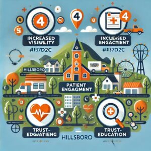 Illustration of Hillsboro featuring a town with landmarks, including a Ferris wheel, buildings, and cars. Four key points of focus—healthcare visibility, social media marketing engagement, trust-edgagieng, and trust-education—with icons and tags labeled #F37D2C and #37D2C.