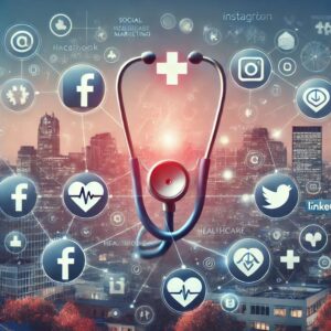 Digital artwork featuring a stethoscope in the center surrounded by various social media icons like Facebook, Twitter, LinkedIn, and Instagram. The backdrop portrays Hillsboro’s cityscape at dusk with interconnected lines, symbolizing the fusion of healthcare and social media marketing.