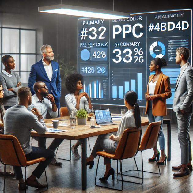 A diverse group of professionals in a modern conference room at Nesace Media's Hillsboro office discuss analytics displayed on large digital screens. The screens show metrics like "PRIMARY #32," "PPC Ads 33.96%," and bar graphs. The setting is collaborative, with a mix of standing and seated individuals.
