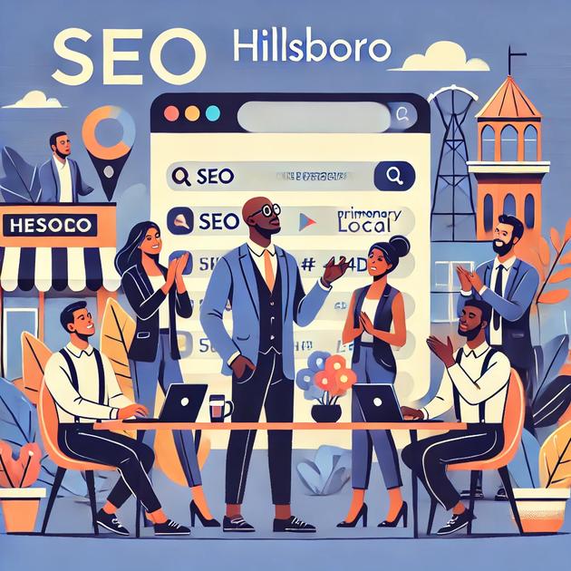 Illustration depicting a diverse group of six business professionals engaged in a meeting outdoors. They are discussing Affordable SEO Services, with a large search engine interface and the words "SEO Hillsboro" prominently displayed in the background, hinting at an online boost for local businesses.