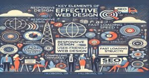 A complex infographic from Nesace Media illustrating key elements of effective web design. Highlights include responsive design, fast loading speed, SEO-friendly structure, user-friendly navigation, and compelling visuals. Background elements feature abstract shapes and icons.