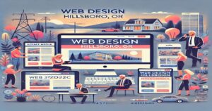 A whimsical illustration depicts individuals working on laptops, tablets, and smartphones in a scenic outdoor setting that features pines, cottages, and electrical towers. The text "Nesace Media Web Design Hillsboro" is shown on several device screens.