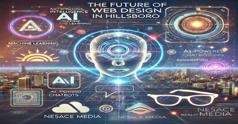 A futuristic depiction of web design by Nesace Media features a central human head overlaid with digital elements. Labels read "The Future of Web Design in Hillsboro," with icons for AI, machine learning, AI-powered chatbots, and augmented reality set against a modern cityscape background.