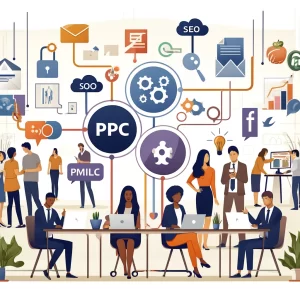 A vibrant illustration of a busy digital marketing office in Hillsboro. People are working on laptops and tablets, with various icons and symbols for PPC Ads, SEO, email, and social media floating above them. The scene is filled with activity, depicting collaboration and technology at Nesace Media.