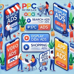 An illustrated image showcasing various types of PPC ads by Nesace Media: Search Ads, Display Ads, Video Ads, Shopping Ads, and App Install Ads. People in the Hillsboro office are interacting with giant smartphones and tablets, while the background features a casual setting with plants and office supplies.