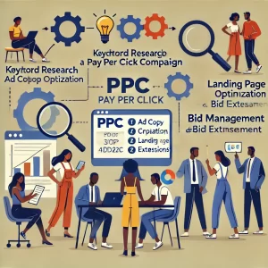 Illustration of a digital marketing team working on a Pay Per Click (PPC) campaign for Nesace Media in Hillsboro. Keywords like "Ad Copy Optimization," "Landing Page Optimization," and "Bid Management" are highlighted, with people at computers, magnifying glasses, charts, and gears symbolizing strategy.