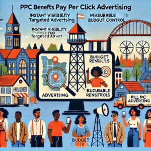 Illustration of PPC (Pay Per Click) advertising benefits by Nesace Media. Depicts diverse people using devices, Hillsboro's town buildings, a PC monitor with graphs, and a magnifying glass. Words highlight benefits: Instant Visibility, Targeted Advertising, Measurable Budget Control, and Results in PPC Ads.