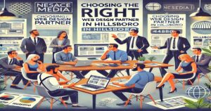 A group of professionals in a modern office setting is intensely discussing web design partnership options with Nesace Media. Background displays show various company names and marketing visuals. The central text reads "Choosing the Right Web Design Partner in Hillsboro.