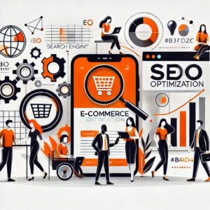 Illustrated image depicting an e-commerce and SEO optimization concept features various icons such as shopping carts, gears, and magnifying glasses, along with diverse people interacting with digital devices, charts, and graphs. Predominantly orange and black color scheme highlights E-Commerce Websites.