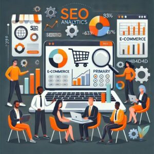 Illustration depicting a diverse group of people working on digital marketing and professional SEO services. The scene features charts, graphs, and icons related to e-commerce on a large laptop screen, with smaller screens and websites in the background.