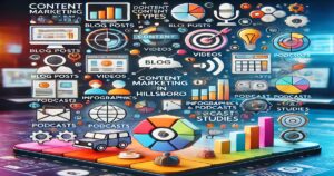 A vibrant digital composite image showcasing various types of content marketing. It includes icons and graphics representing blogs, videos, podcasts, infographics, and studies, arranged around a central 3D chart and surrounded by a colorful glowing background that converts viewers' interest in Hillsboro.
