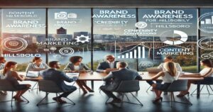 A group of professionals sit around a conference table in a modern office with floor-to-ceiling windows overlooking the Hillsboro cityscape. The windows display various illuminated graphs, charts, and text related to content marketing, brand awareness, and conversions.