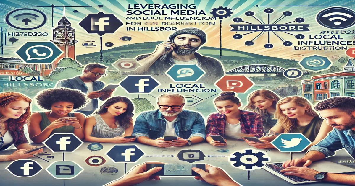 A diverse group of people using smartphones and tablets is set against an illustrated backdrop of Hillsboro. Social media icons like Facebook, Twitter, and Instagram are shown, along with a phrase: "Leveraging Social Media and Local Influencers in Hillsboro for Effective Content Marketing.