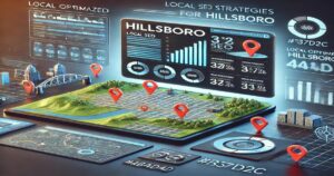 A digital screen displaying various analytics and optimization strategies for Hillsboro. It includes graphs, maps with location pins, percentage statistics, and metrics. The scene features text like "Local SEO" and "Content Marketing," with futuristic, high-tech visuals that drive conversions.