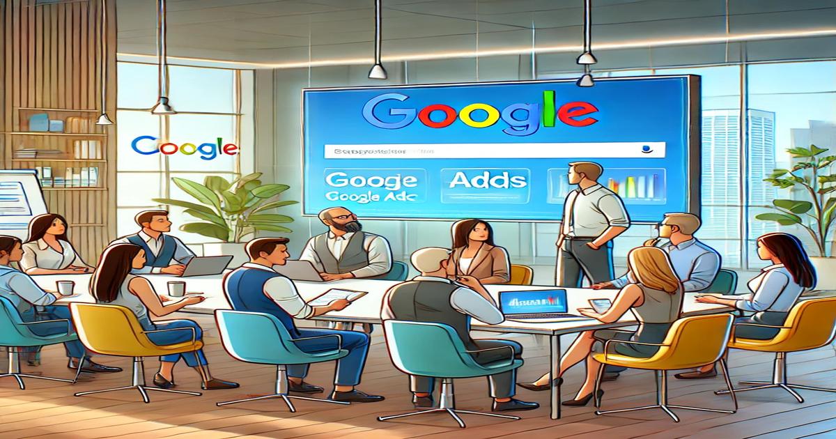 A business meeting for a mid-sized business is taking place in a modern conference room with a large screen displaying Google Ads. Ten experts, both men and women, are seated around the table with laptops and documents, engaging in an intense discussion on Google Ads management.