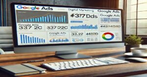 A computer screen displays a Google Ads dashboard with various charts, graphs, and statistics related to digital marketing campaigns. The setup is on a wooden desk with a keyboard, mouse, cup of coffee, and potted plant, bathed in natural light from a nearby window—ideally suited for an expert in Google Ads Management.