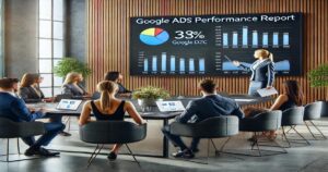 A business meeting is taking place in a modern conference room. A woman in a suit, an expert in Google Ads Management, is presenting a "Google Ads Performance Report" on a large screen, featuring graphs, charts, and a statistic of "33% Google D7C." Attendees from mid-sized businesses are seated around the table with laptops.