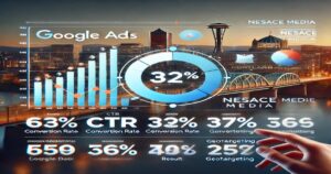 A futuristic digital display by Nesace Media showcases Google Ads analytics, highlighting metrics like conversion rate (63%), CTR (32%), and more. The backdrop features a nighttime cityscape with prominent landmarks and skyscrapers, offering insights to boost website traffic effectively.