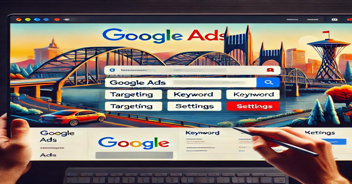 A person is using a stylus to navigate a digital interface for Google Ads. The screen features buttons labeled "Targeting," "Keyword," and "Settings." On the computer monitor, a vibrant illustration of Portland showcases its iconic bridges and buildings, perhaps as part of a Nesace Media campaign.