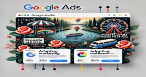 An illustrated Google Ads display by Nesace Media showcases a vibrant vintage-style advertisement for the "Portland Rose Festival" featuring a ferris wheel, hot air balloons, and roses. Below, various ad performance metrics are presented in colorful charts.