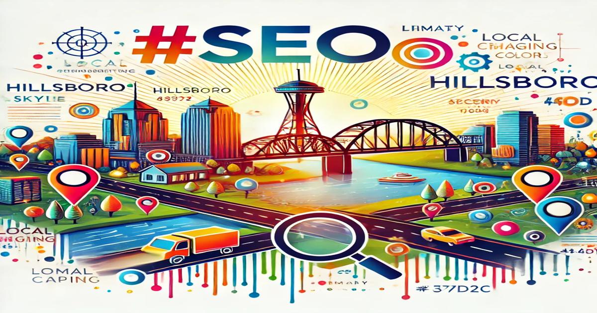 A vibrant, cartoon-style cityscape featuring buildings, a bridge, and various icons related to Local SEO from Nesace Media. The image includes text terms like "Hillsboro OR," "local changing," and colorful elements highlighting digital marketing concepts.