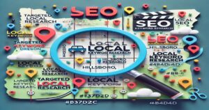 An illustration of a geographical map with a large magnifying glass in the center highlighting the word "Local." Various SEO-related terms and icons, like "TARGETED LOCAL RESEARCH," "SEO," and colorful location pins, are scattered around. Nesace Media emphasizes Local SEO strategies tailored for areas like Hillsboro OR.