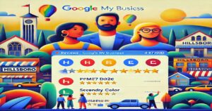 An illustration of "Google My Business" depicting a diverse group of people standing in front of colorful houses and buildings labeled "Hillsboro OR." Below are five-star reviews, a verification code "PPME7 D02C," and a section titled "Secondary Color." Hot air balloons float above, highlighting the importance of Local SEO for Nesace Media.