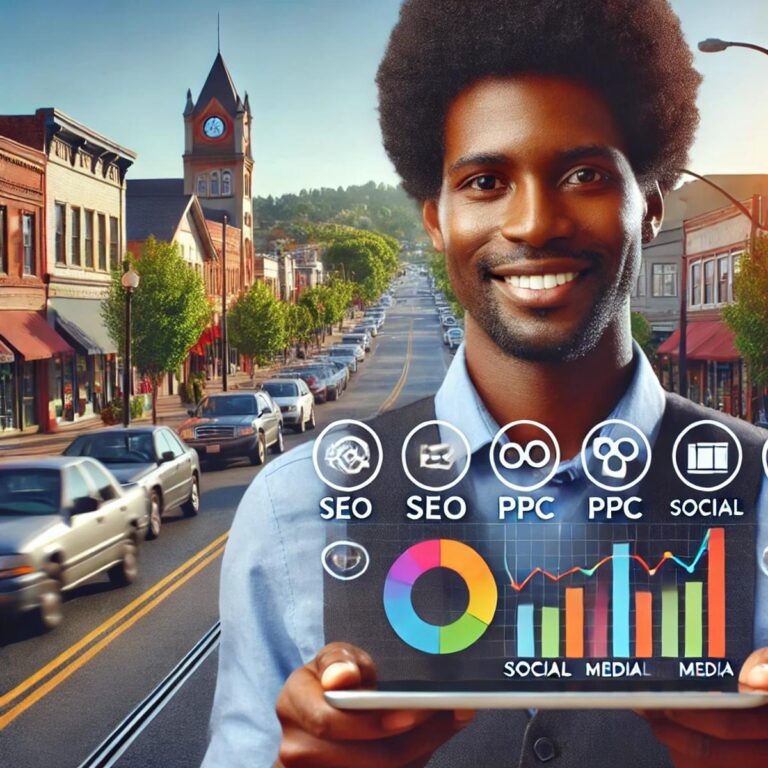 A person holding a tablet displaying analytics icons, including SEO, PPC, and social media. The background shows a vibrant town street in Hillsboro with buildings, cars, and a clock tower. Smiling and standing at the forefront of the bustling scene, they're ready to boost your business with digital marketing services.