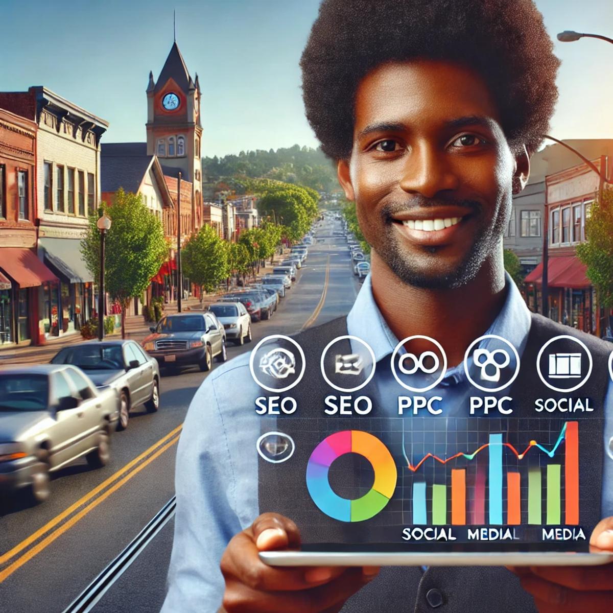 A person holding a tablet displaying analytics icons, including SEO, PPC, and social media. The background shows a vibrant town street in Hillsboro with buildings, cars, and a clock tower. Smiling and standing at the forefront of the bustling scene, they're ready to boost your business with digital marketing services.