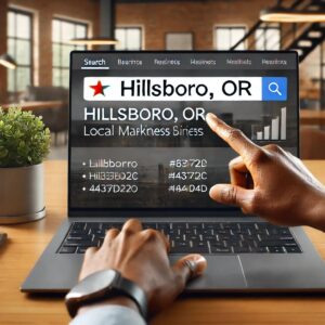 A person is using a laptop to search for local businesses in Hillsboro, OR. The screen displays a search bar with "Hillsboro, OR" typed in and a list of results, including digital marketing services to boost your business. The user is pointing at the screen in an office environment.