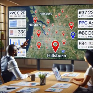 A person points at a large digital map displaying numerous red location markers labeled "Hillsboro" in a meeting room. Around a table, people view the screen which also shows various statistics and charts on Hillsboro's digital marketing services, with laptops open in front of them to boost your business.