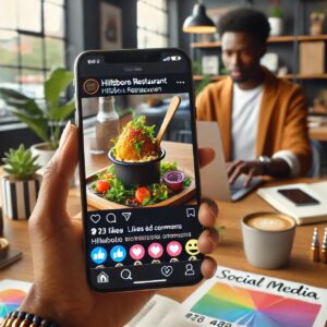 A person holds a smartphone showing an Instagram post featuring a colorful meal in a black pot from Hillsboro Restaurant. In the background, a person works at a desk with a "Social Media" planner, surrounded by office supplies and potted plants, highlighting the power of digital marketing services to boost your business.