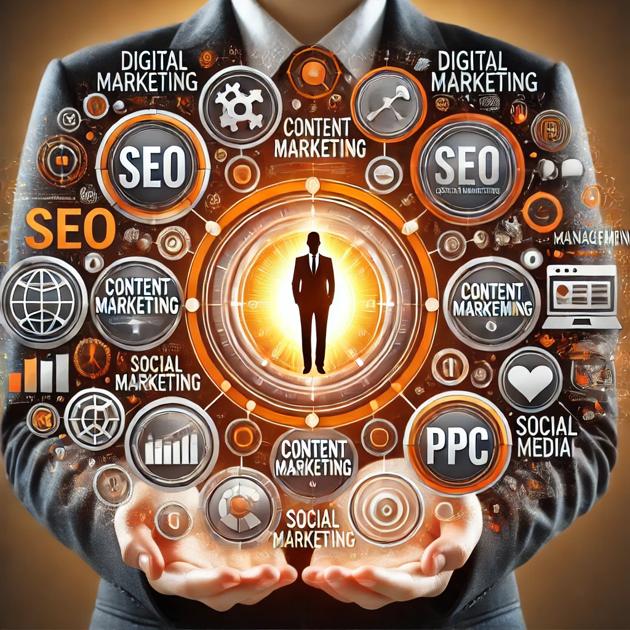 A person in a suit stands with their hands open, presenting a range of digital marketing concepts represented by circular icons. These include SEO, content marketing, PPC, social marketing, social media, and management. The image reflects the expertise of a Digital Marketing Agency in Hillsboro, connected by a network of gears and symbols.