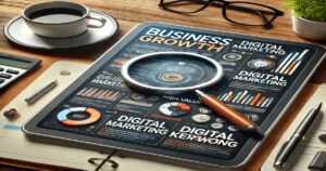 A tablet displaying a digital marketing document titled "Business Growth." A magnifying glass highlights some charts and graphs. Surrounding the tablet are a cup of coffee, glasses, a calculator, and a notepad on a wooden desk, representing tools for successful mid-sized biz leveraging Google Ads.