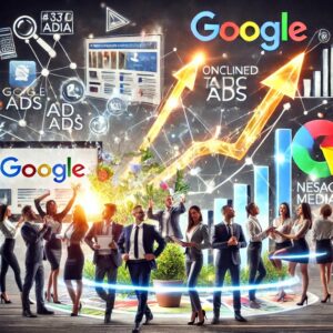 A vibrant image showcases a group of professionals in suits and business attire, appearing excited and celebratory. They stand amidst digital icons, graphs, and charts related to Google Ads, hinting at successful advertising strategies and growth for a mid-sized biz.