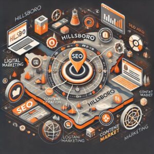 A digital marketing illustration displays a top-view city map-themed layout with an SEO focal point. Surrounding elements include icons and gadgets for content creation, social media, analytics, and marketing tools, labeled with terms like "SEO," "Content Market," and "Digital Marketing Agency Hillsboro.