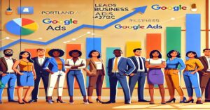 A diverse group of people is standing in front of a wall with colorful bar charts and line graphs. The wall features words like "Leads," "Business," "Google Ads," and "Portland Ads." Arrows and graphs indicate Portland businesses' growth, showcasing how Google Ads can generate leads effectively.