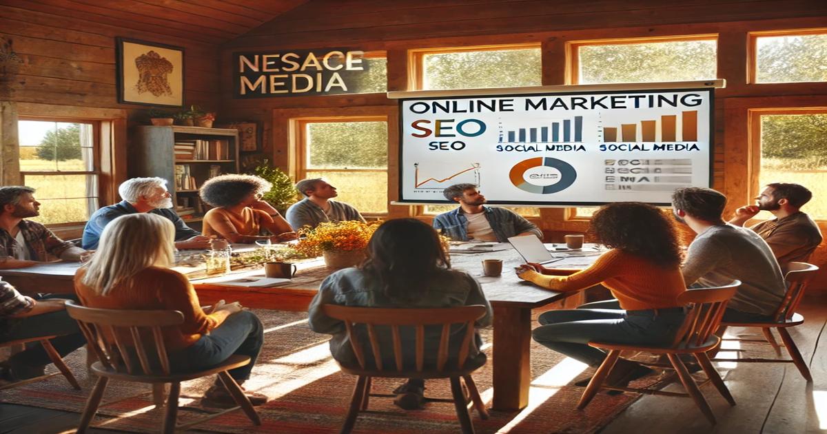 A group of people sits around a wooden table in a rustic, cozy room in Rural Oregon, attentively watching a presentation on "Online Marketing" displayed on a screen. The screen shows charts and keywords like "SEO" and "Social Media." The room is well-lit with natural light.