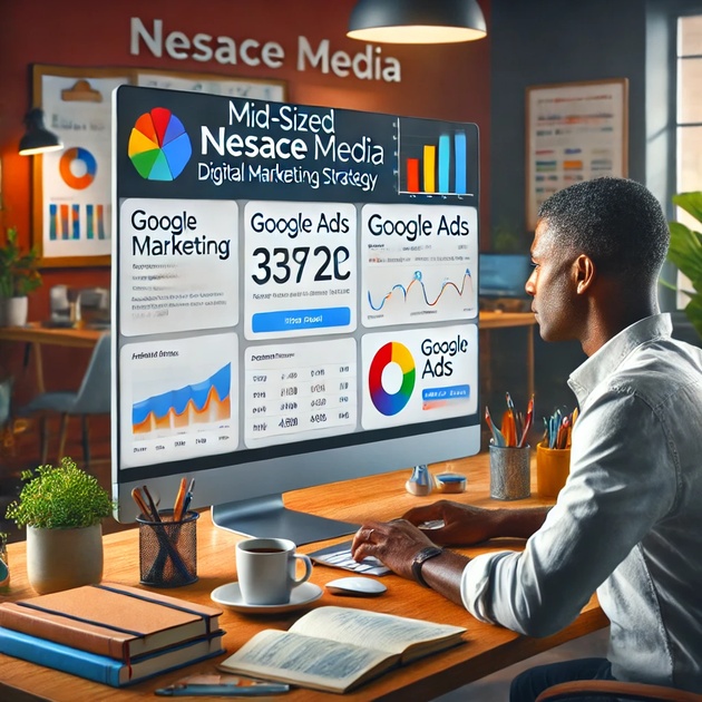 A person is seated at a desk, looking at a large computer screen that displays various digital marketing metrics and charts for "Nesace Media." The screen includes Google Ads data and best practices for mid-sized biz, along with Google Marketing statistics and colorful graphs. The workspace is modern and well-lit.